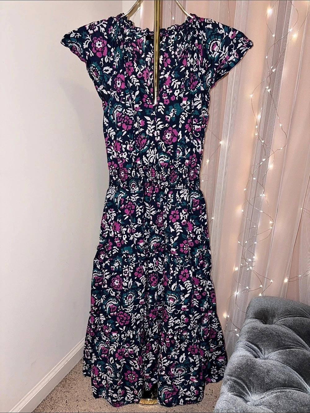 J.Crew Floral Tiered Midi Dress Blue & Pink